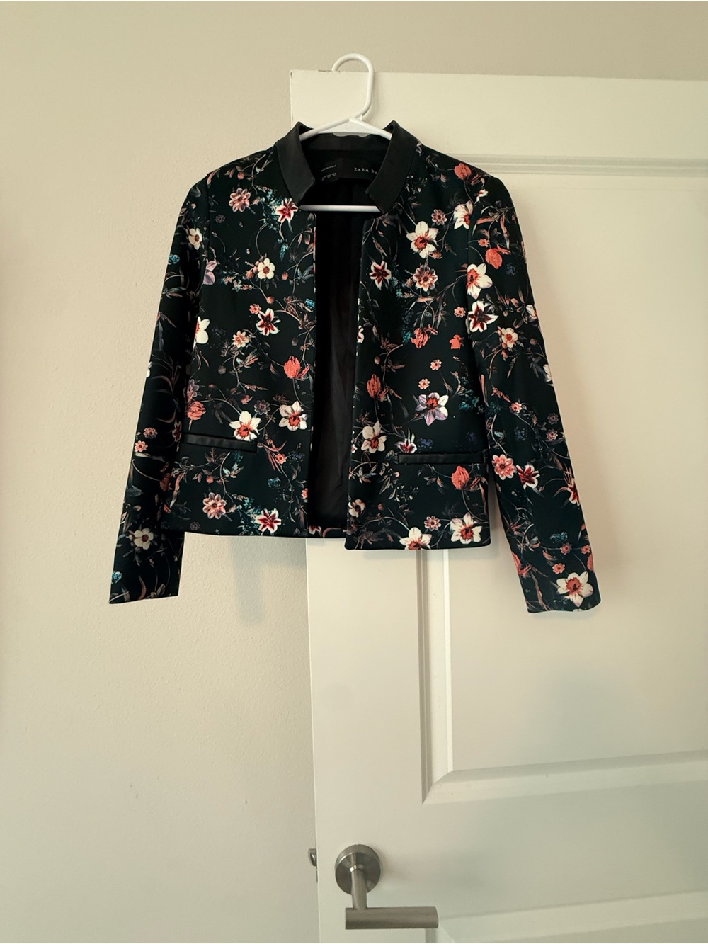 Zara Black Floral Open-Front Blazer with Pink & White Blooms